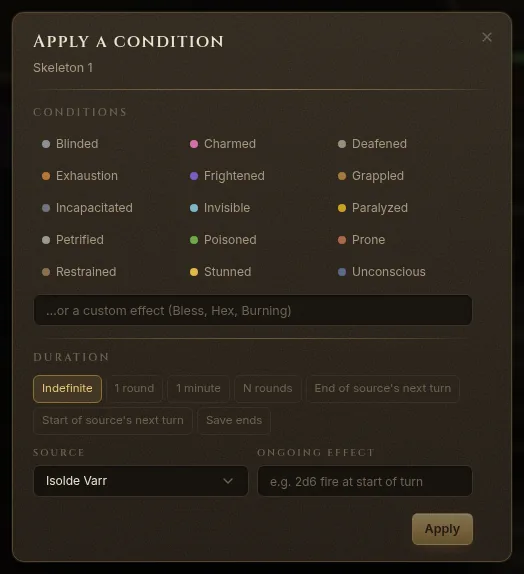 The Apply a condition dialog with the 2024 conditions and duration options
