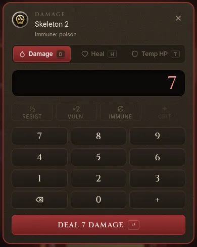The damage pad with 7 typed in, and the resist, vulnerable and immune buttons