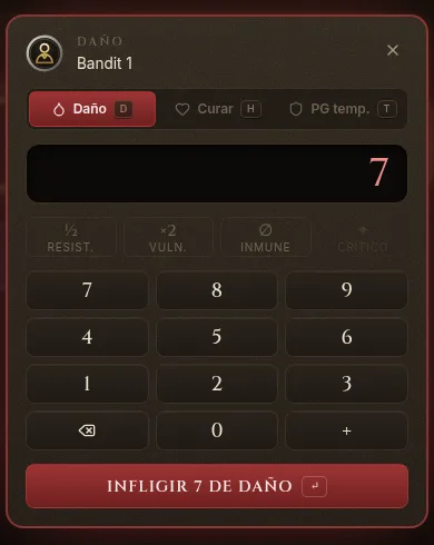 El teclado de daño con un 7 escrito y los botones de resistencia, vulnerabilidad e inmunidad