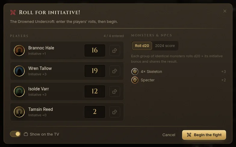 The Roll for initiative dialog with the players’ rolls and the monster groups