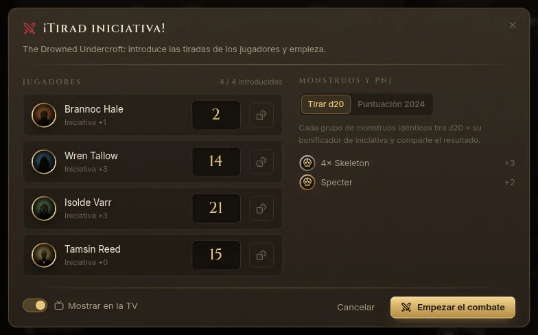 El diálogo ¡Tirad iniciativa! con las tiradas de los jugadores y los grupos de monstruos