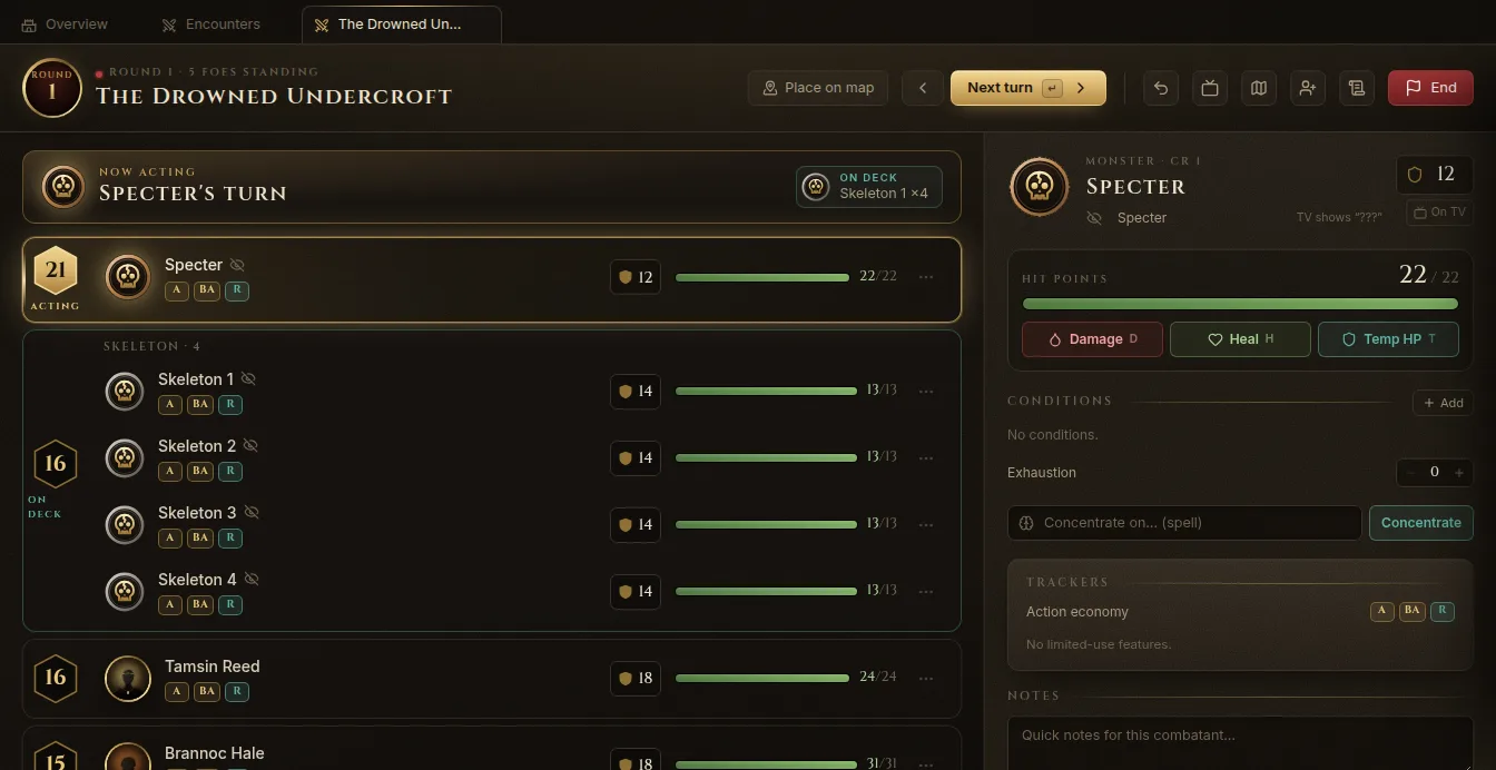 The encounter runner: initiative order on the left, the selected combatant on the right