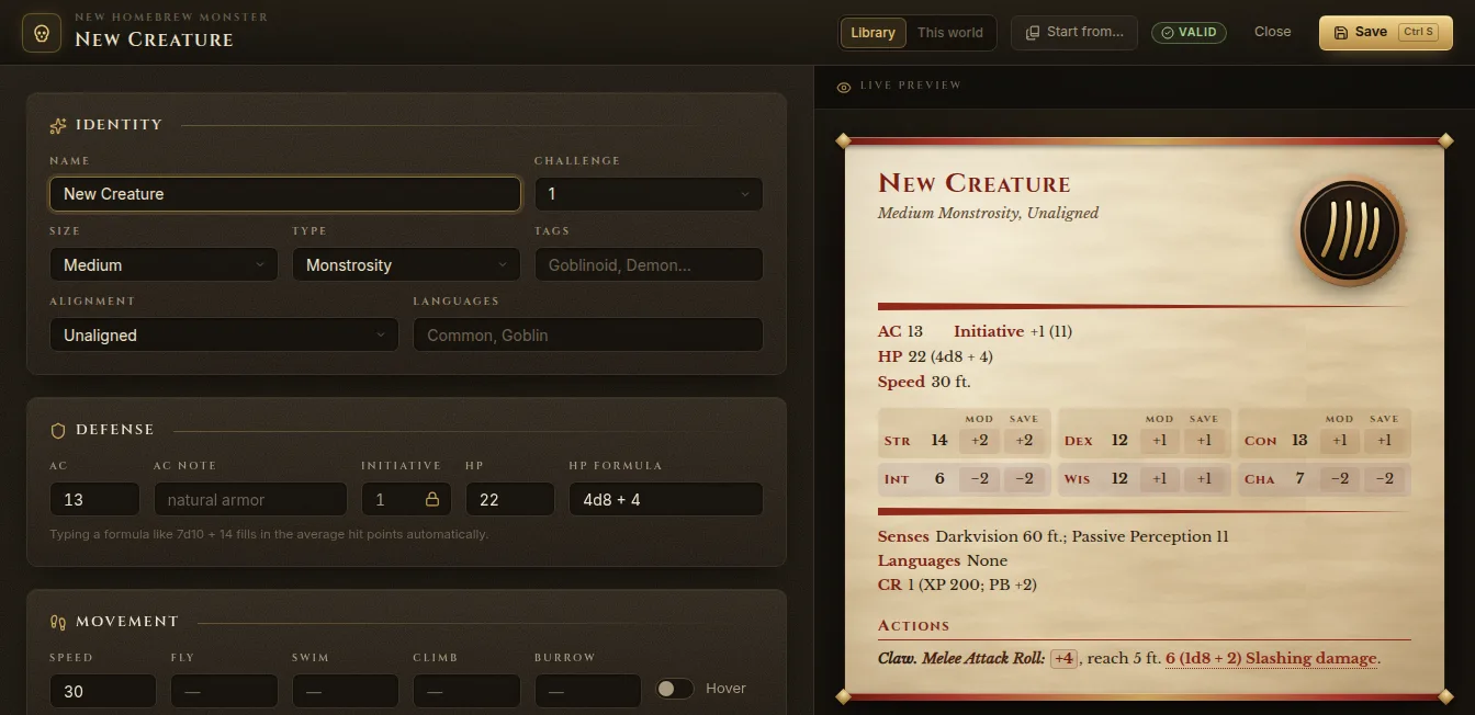 The homebrew monster editor with the form on the left and the live stat block preview on the right
