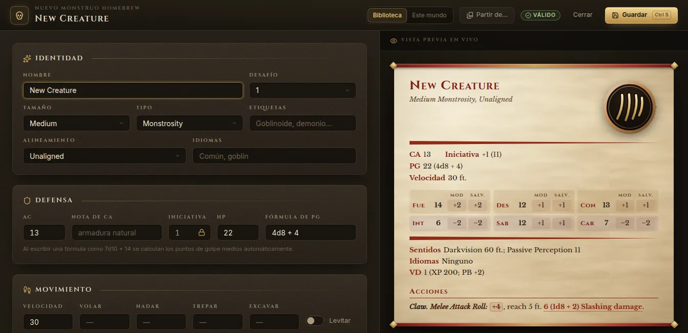 El editor de monstruos homebrew con el formulario a la izquierda y la vista previa del bloque a la derecha