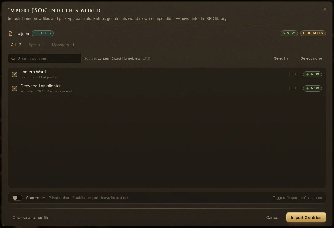 The Import JSON into this world dialog with a homebrew spell and monster ready to import