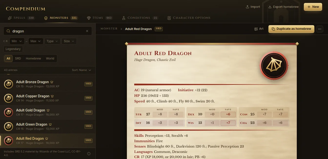 The compendium with a dragon search and the Adult Red Dragon stat block