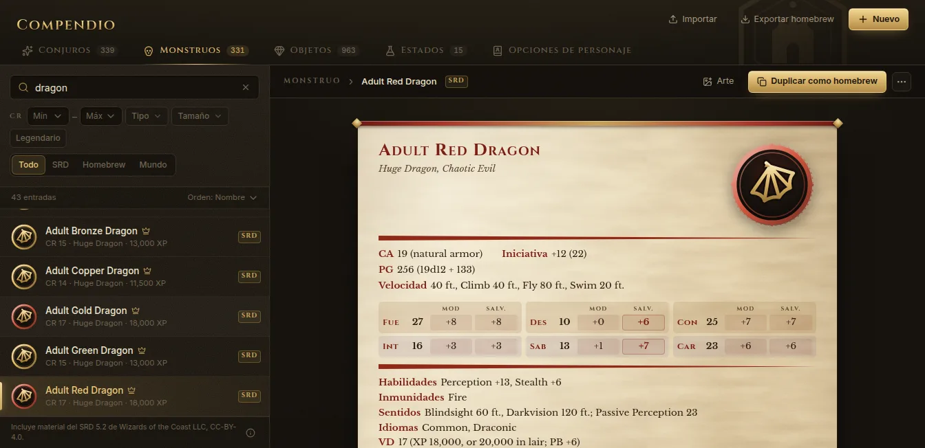 El compendio con una búsqueda de dragones y el bloque de estadísticas del Adult Red Dragon