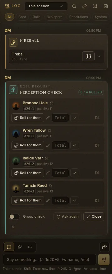 The log with a roll request card: Perception check, one row per character with Roll for them and Total