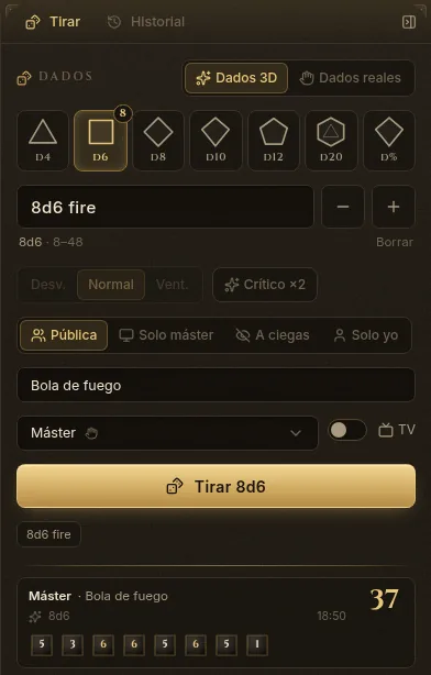 La bandeja de dados: dados 3D, una fórmula 8d6 fire, Pública, una descripción, el interruptor TV activado y las últimas tiradas debajo