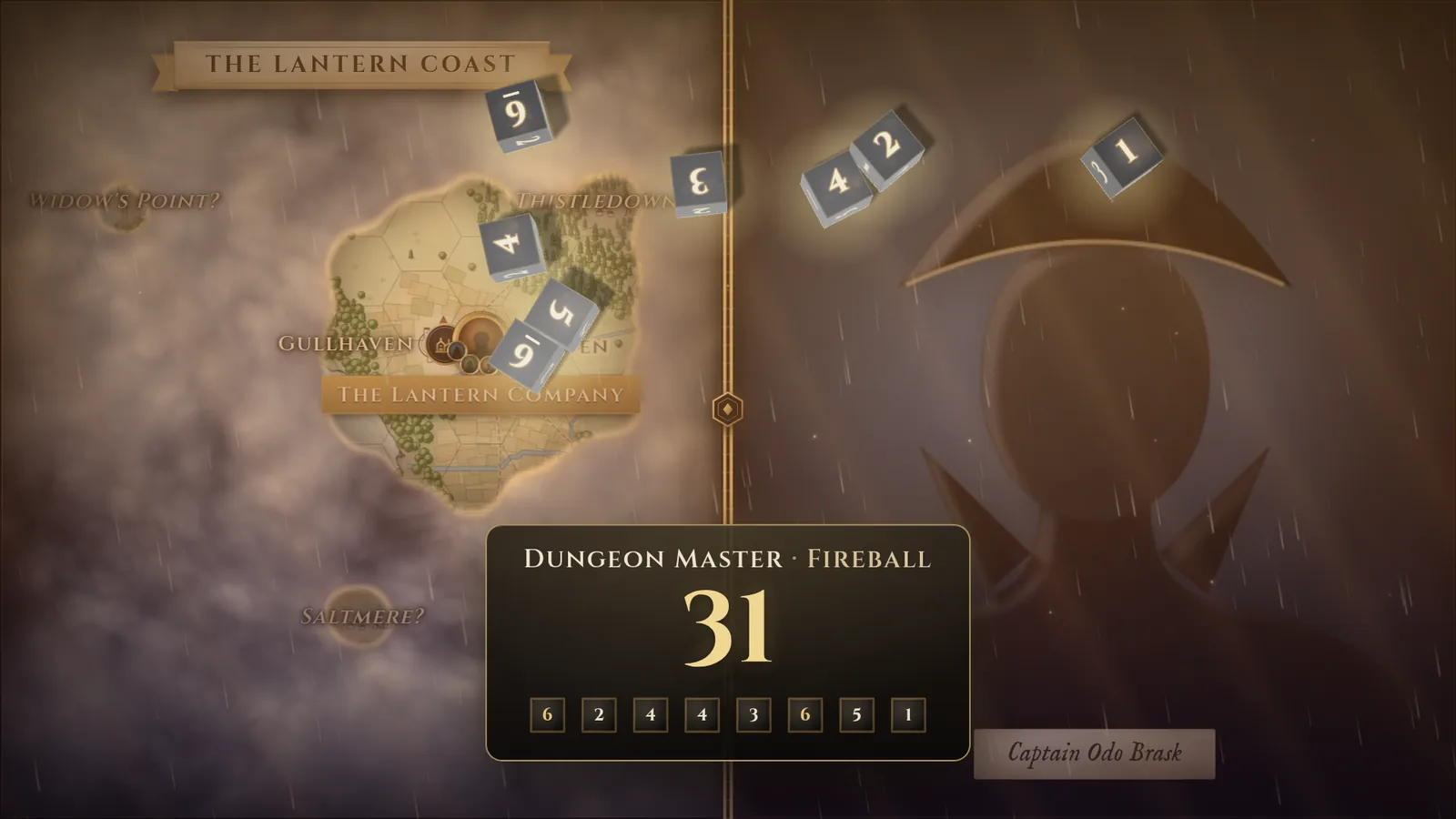 3D dice tumbling over the TV picture, with a result card: Dungeon Master · Fireball, 31