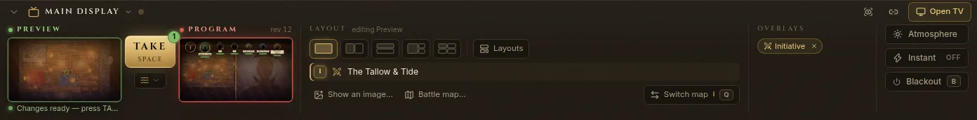 The Display Dock with a map staged in Preview, a split screen in Program and TAKE ready