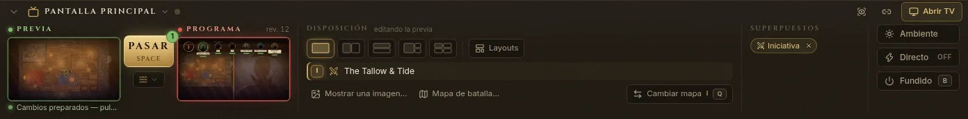 El panel de pantalla con un mapa preparado en la previa, una pantalla dividida en el programa y PASAR listo