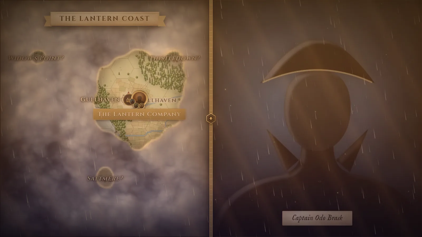 The TV split in two: the atlas map under fog on the left, an NPC portrait with its caption on the right