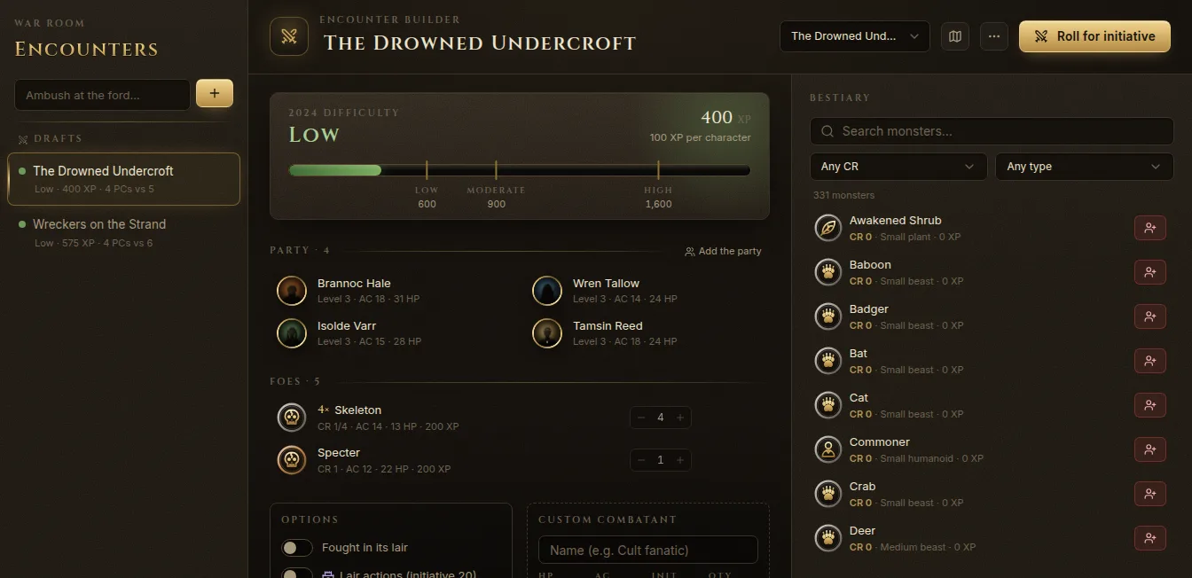 The Encounter builder with the 2024 difficulty bar, the party, the foes and the bestiary