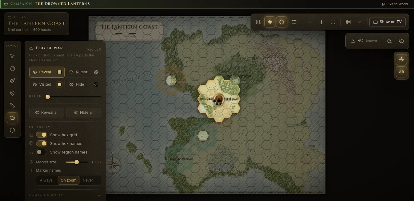 The atlas with the Fog of war panel open and a few hexes revealed around the party