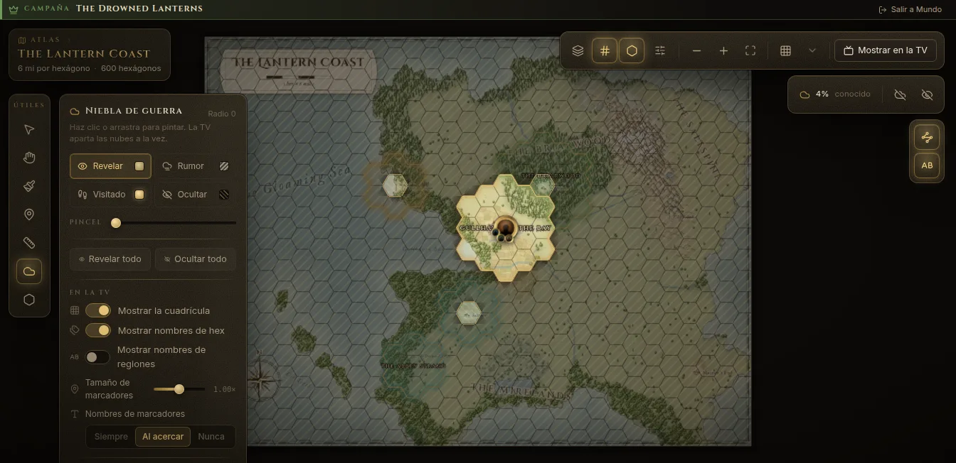 El atlas con el panel Niebla de guerra abierto y algunos hexágonos revelados alrededor del grupo