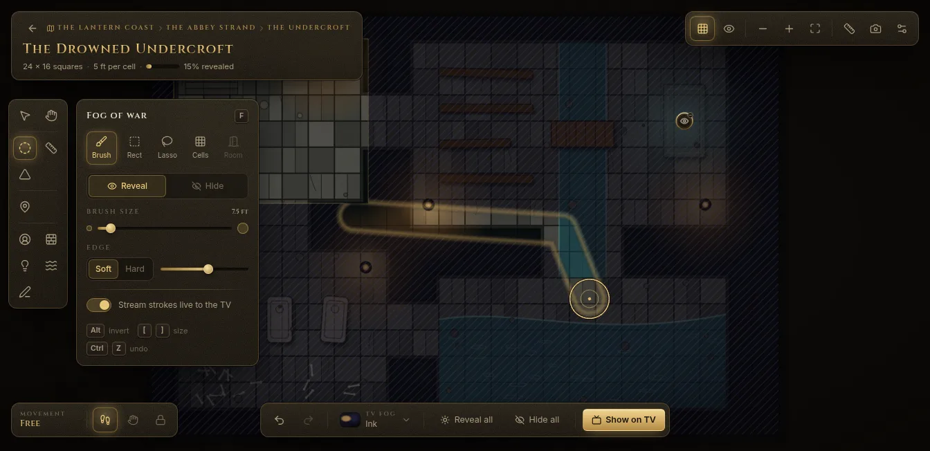 A dark undercroft battle map with a corridor revealed and the Fog of war panel open