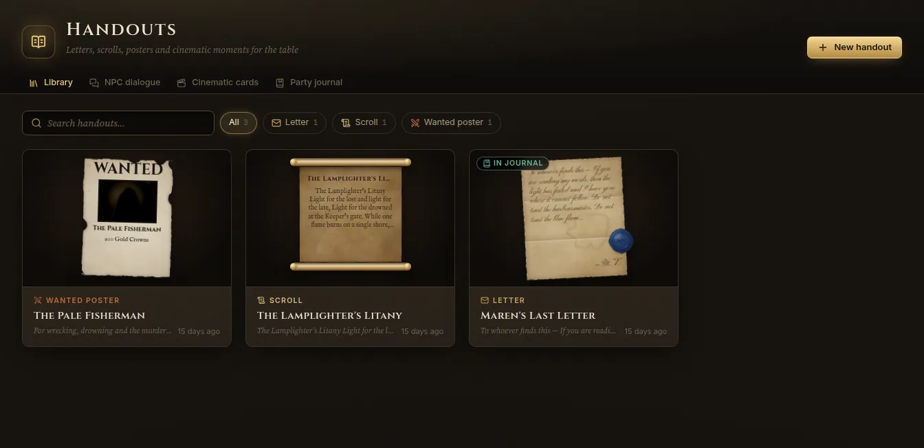 The Handouts library: a wanted poster, a scroll and a sealed letter marked In journal
