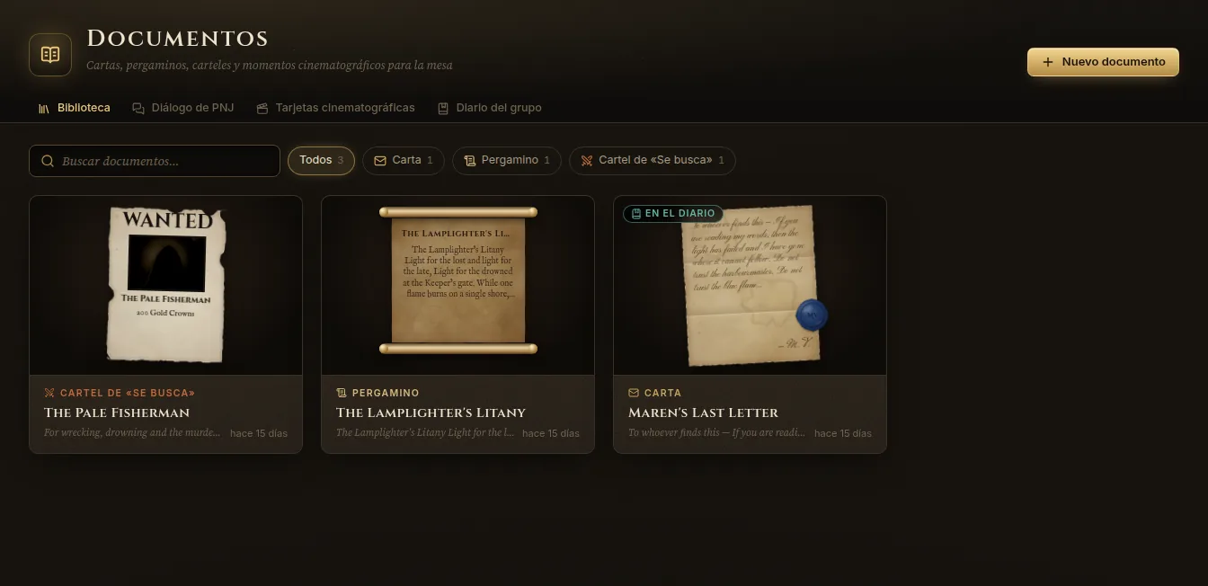 La biblioteca de documentos: un cartel de «Se busca», un pergamino y una carta lacrada marcada En el diario