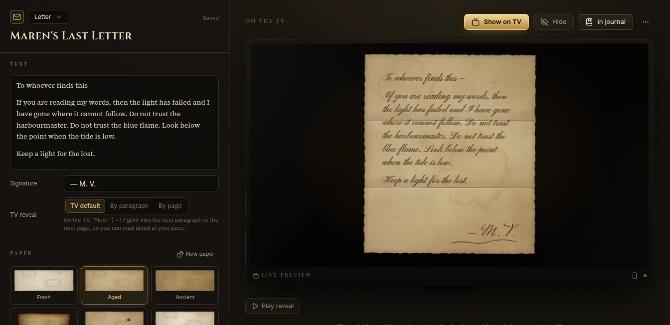 The letter editor: text, signature, TV reveal and paper on the left, the live preview of the sealed letter on the right