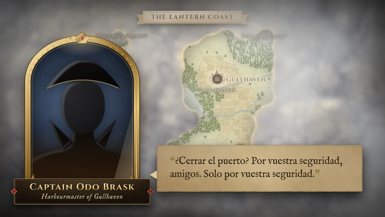 Captain Odo Brask en la tele, en un marco dorado, con su frase en un bocadillo