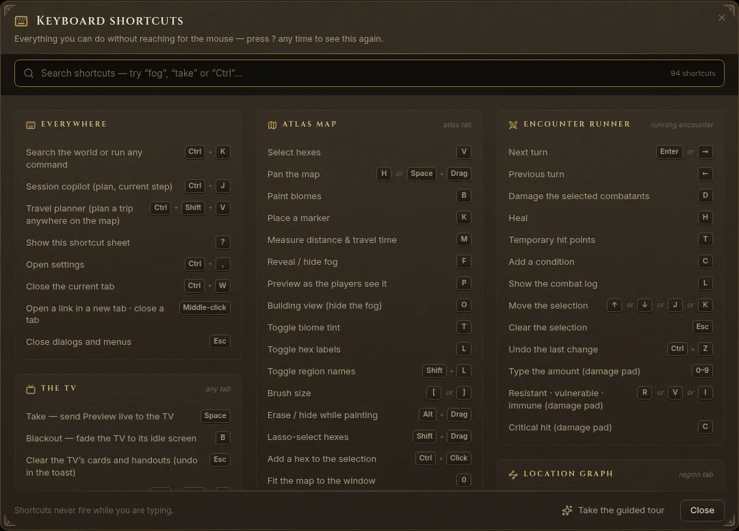 The Keyboard shortcuts sheet, with a search box and shortcuts grouped by where they work