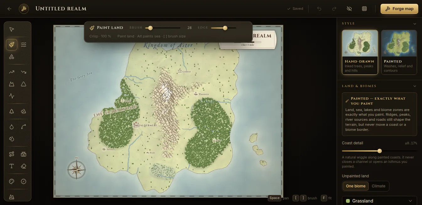 The forge editor: tools on the left, the live map preview in the middle, style and terrain options on the right