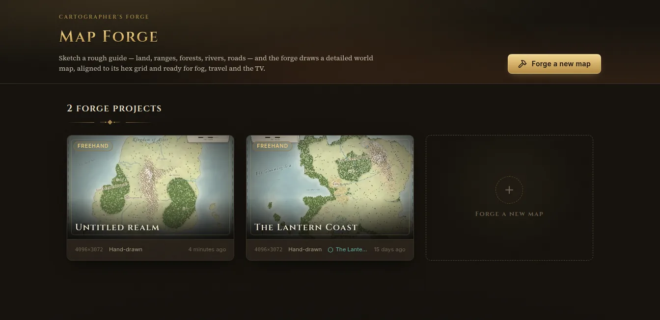 The Map Forge home with two forge projects and Forge a new map