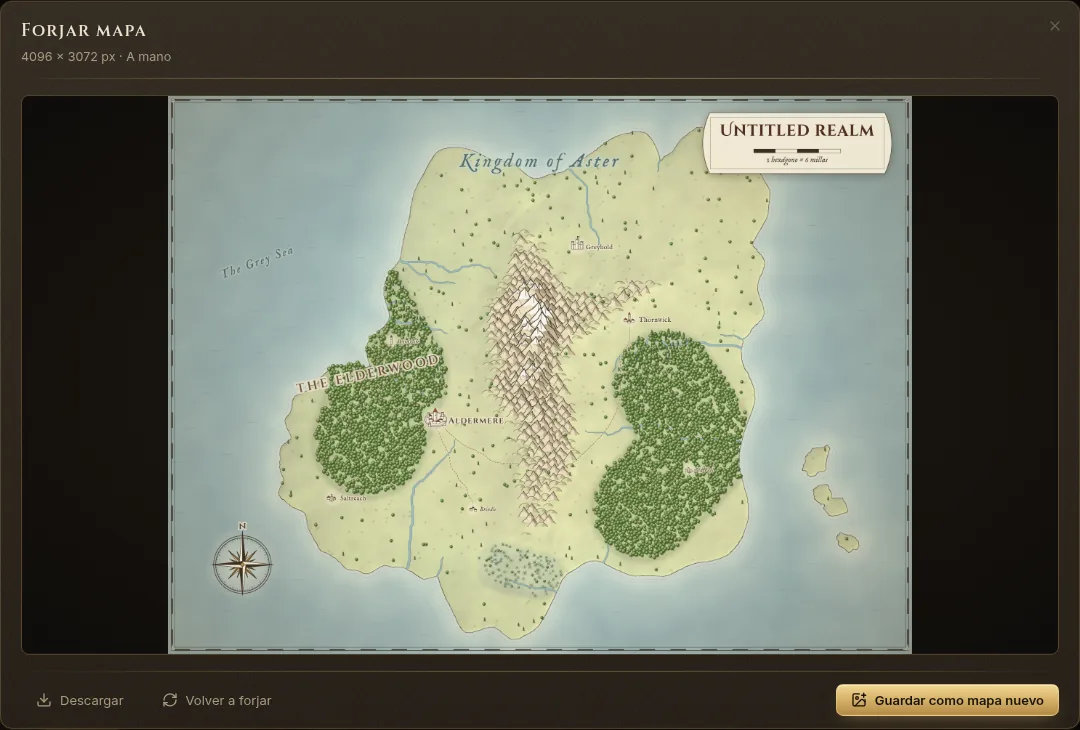 El diálogo Forjar mapa con el mapa terminado a mano, y Descargar, Volver a forjar y Guardar como mapa nuevo