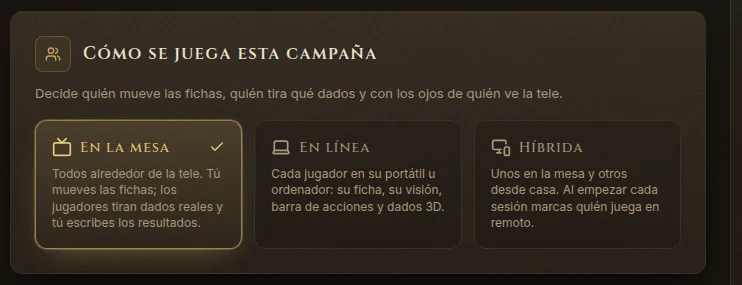 Ajustes → Jugadores: Cómo se juega esta campaña, con En la mesa, En línea e Híbrida