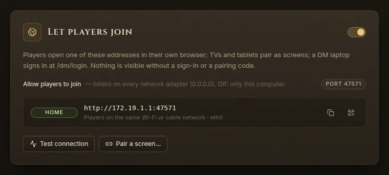 Settings → Network: Allow players to join, a Home address, Test connection and Pair a screen