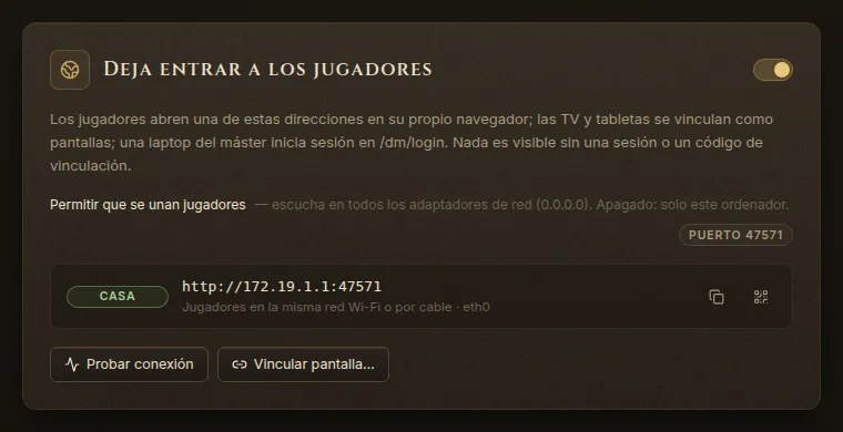 Ajustes → Red: Permitir que se unan jugadores, una dirección de Casa, Probar conexión y Vincular pantalla