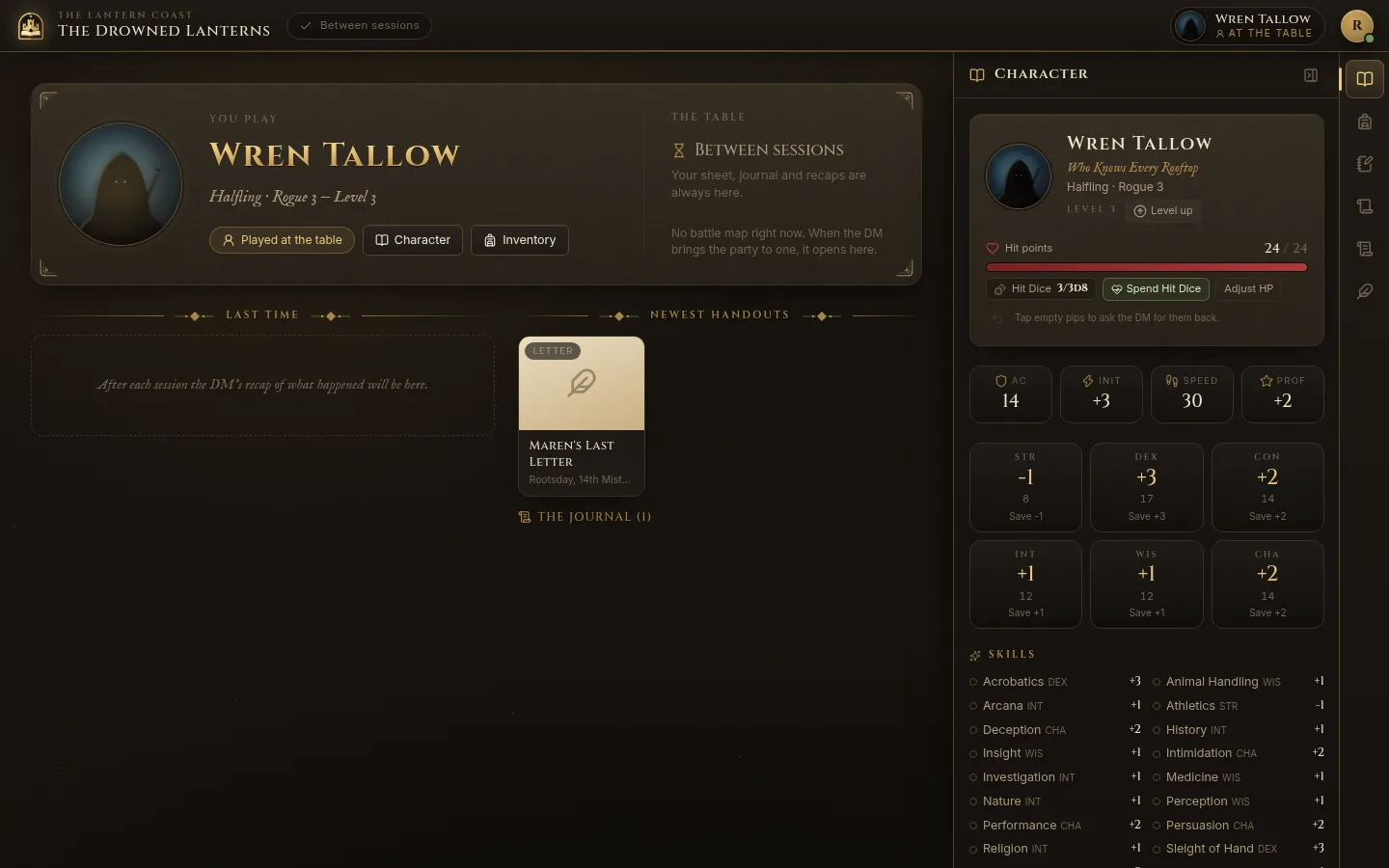 The player client on a laptop: the character and the party’s latest handouts