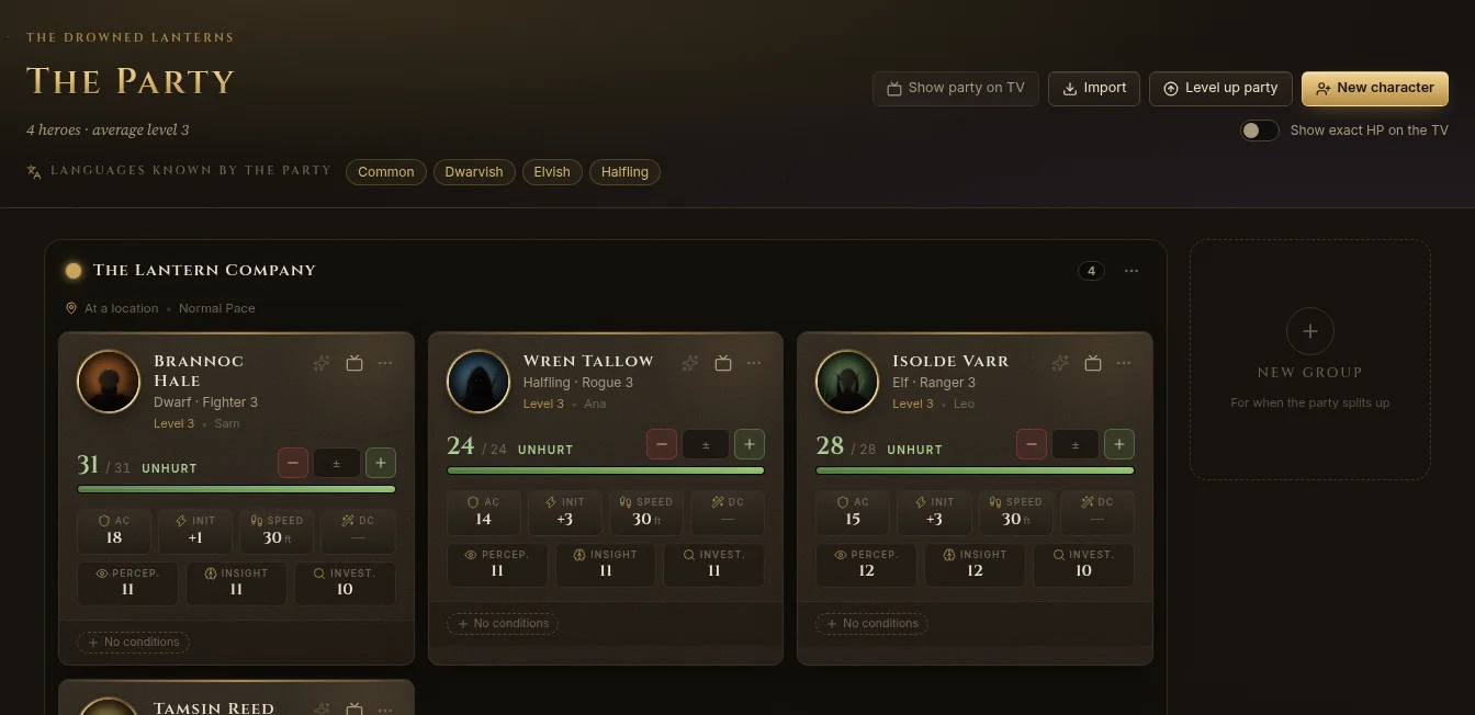 The Party dashboard with four character cards in one group