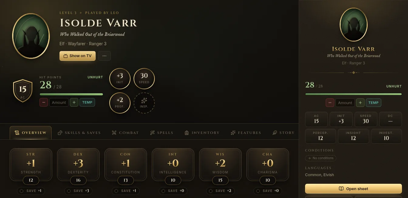 Isolde Varr’s character sheet on the Overview tab