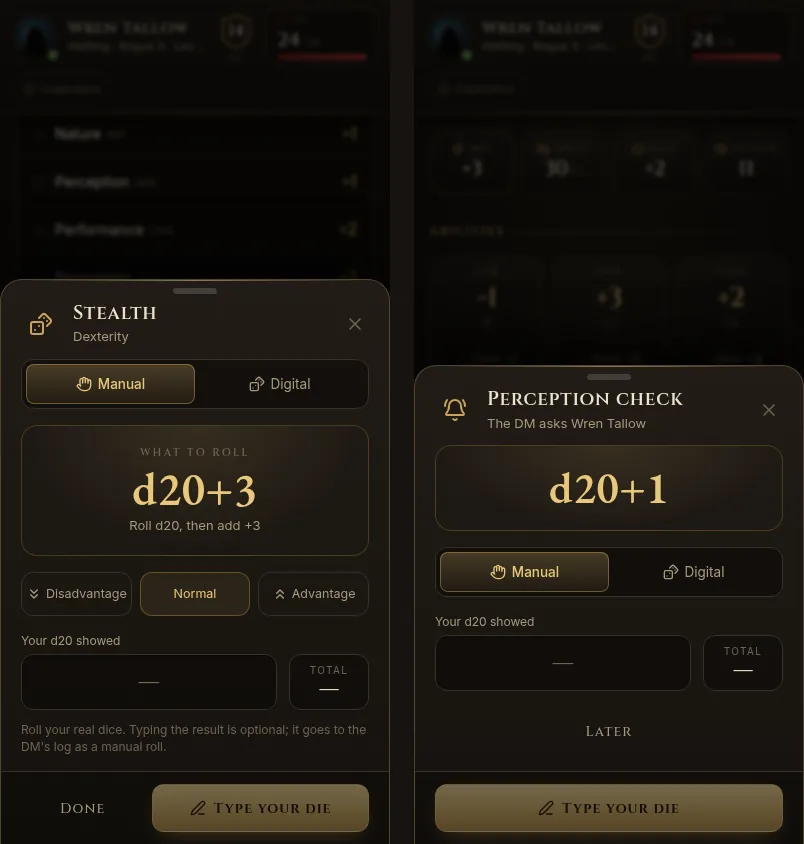 Two phones: a Stealth check with Manual and Digital, and a Perception check requested by the DM