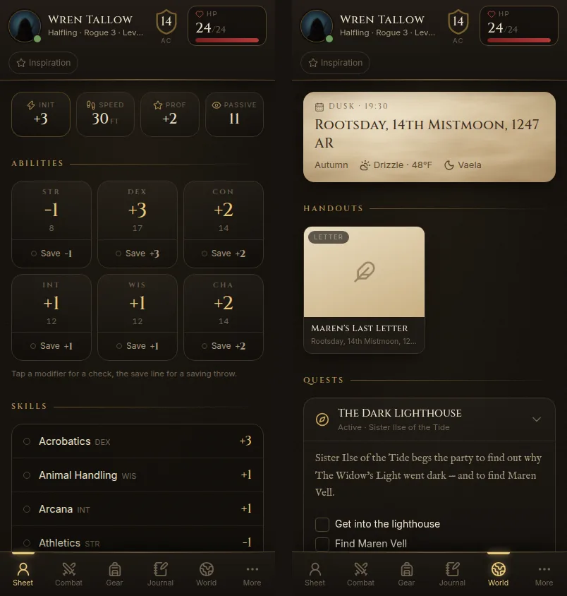 Two phones: the Sheet tab with abilities and skills, and the World tab with the date, handouts and quests
