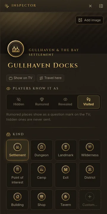 The place inspector: Gullhaven Docks, with Players know it as set to Visited and the kinds of place