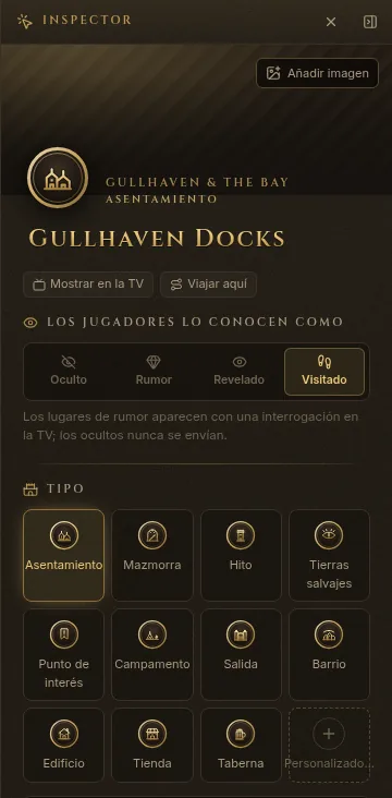 El inspector del lugar: Gullhaven Docks, con Los jugadores lo conocen como en Visitado y los tipos de lugar