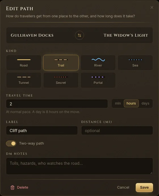 The Edit path window: Gullhaven Docks to The Widow’s Light, a trail of 2 hours called Cliff path