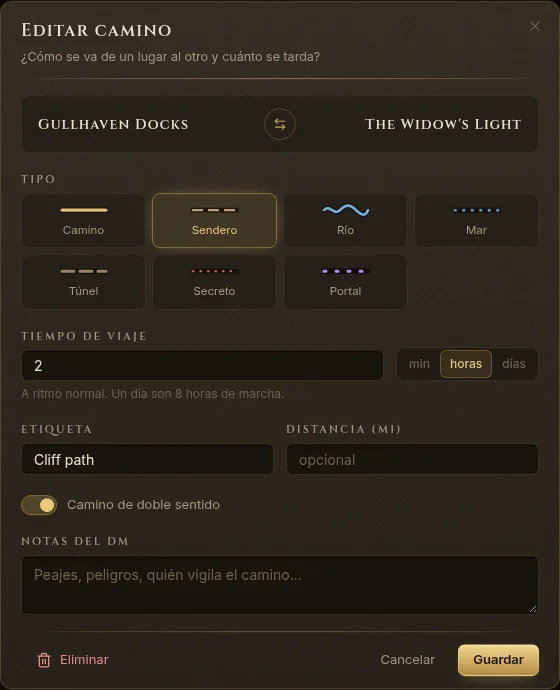 La ventana Editar camino: de Gullhaven Docks a The Widow’s Light, un sendero de 2 horas llamado Cliff path