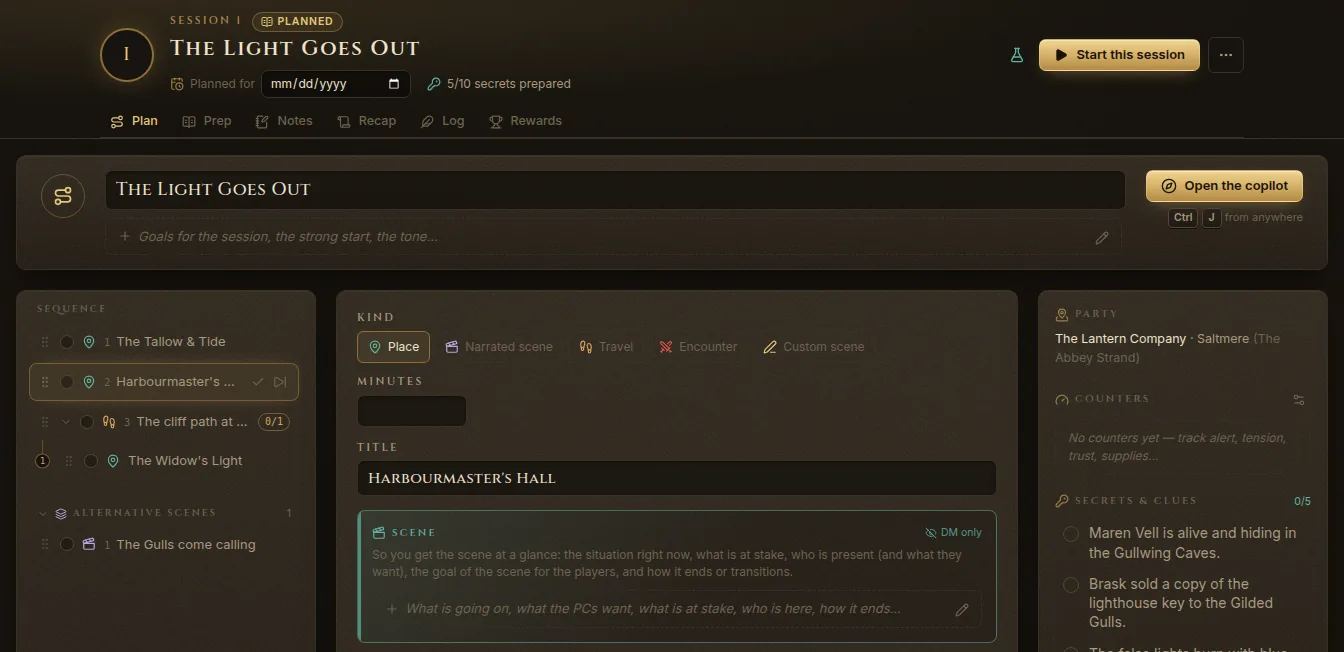 The Plan tab: the sequence of steps on the left, the selected step in the middle, and the party, counters and clues on the right