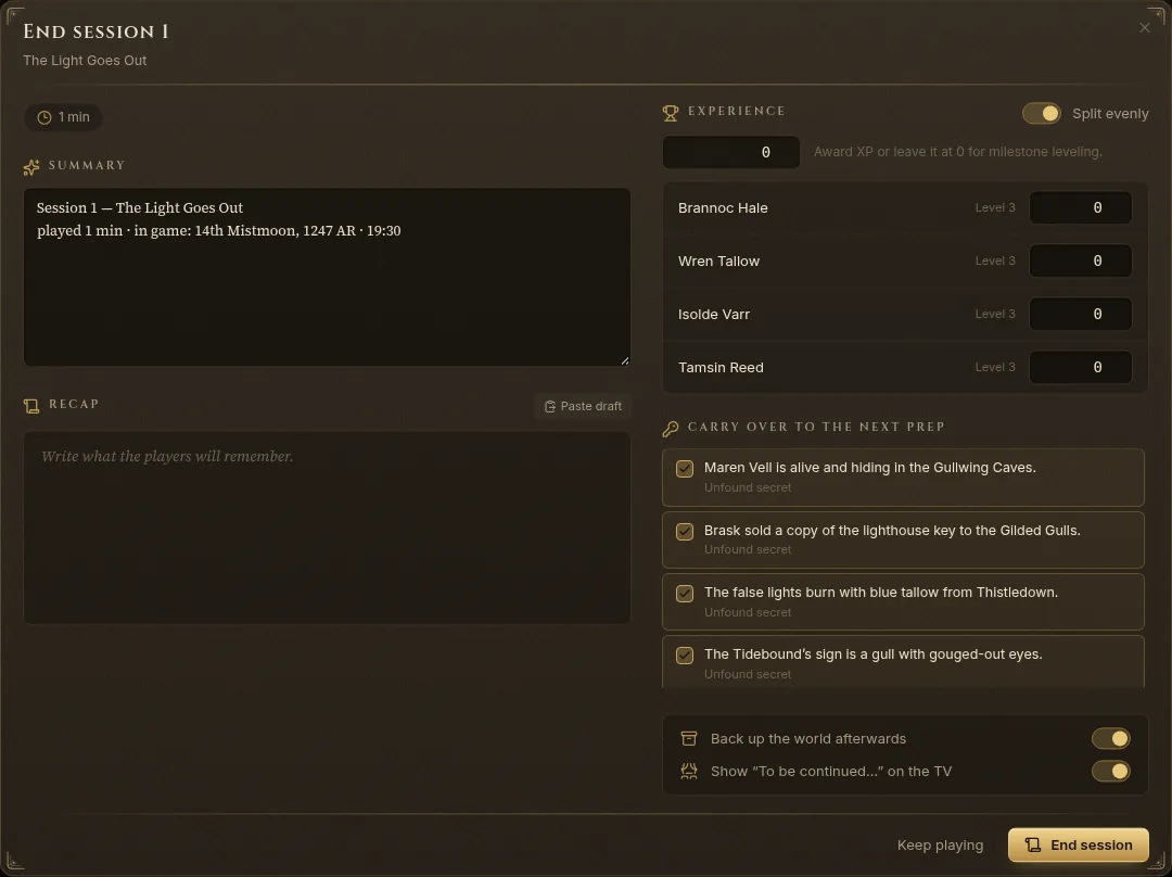 The End session window: summary, recap, experience per character, secrets to carry over, backup and To be continued