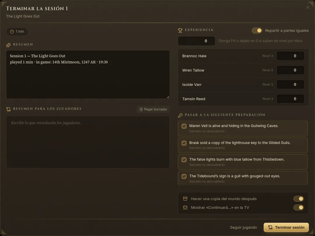 La ventana Terminar la sesión: resumen, resumen para los jugadores, experiencia por personaje, secretos que pasan, copia y Continuará