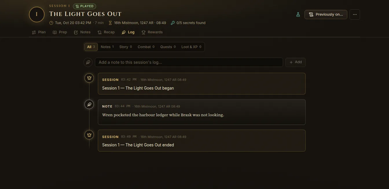 The Log tab of a played session: session start, a quick note and the session end