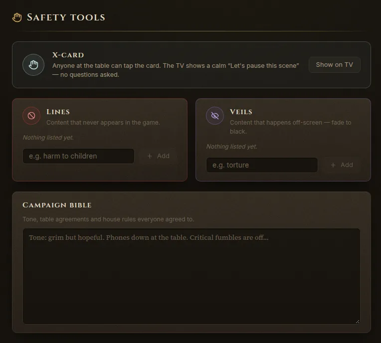 Settings → Safety tools: X-card, lines, veils and the campaign bible