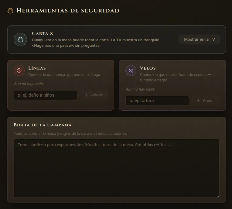 Ajustes → Herramientas de seguridad: Carta X, líneas, velos y la biblia de la campaña
