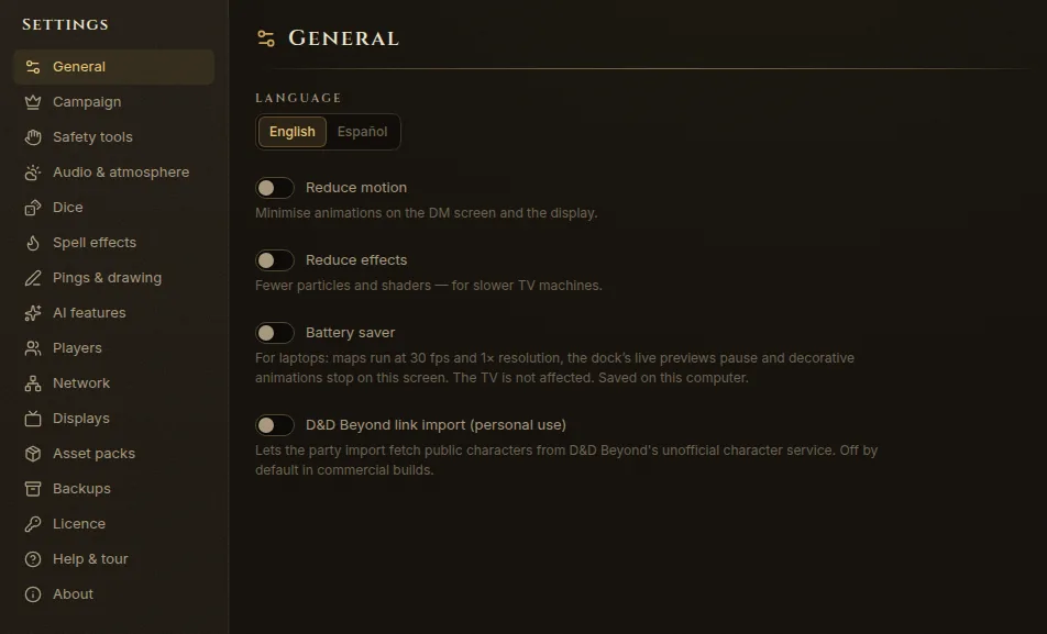 The Settings tab with the list of sections on the left and General open
