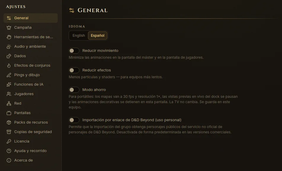 La pestaña Ajustes con la lista de secciones a la izquierda y General abierta