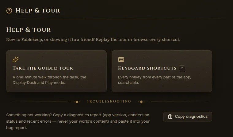 Settings, Help and tour section with the Copy diagnostics button